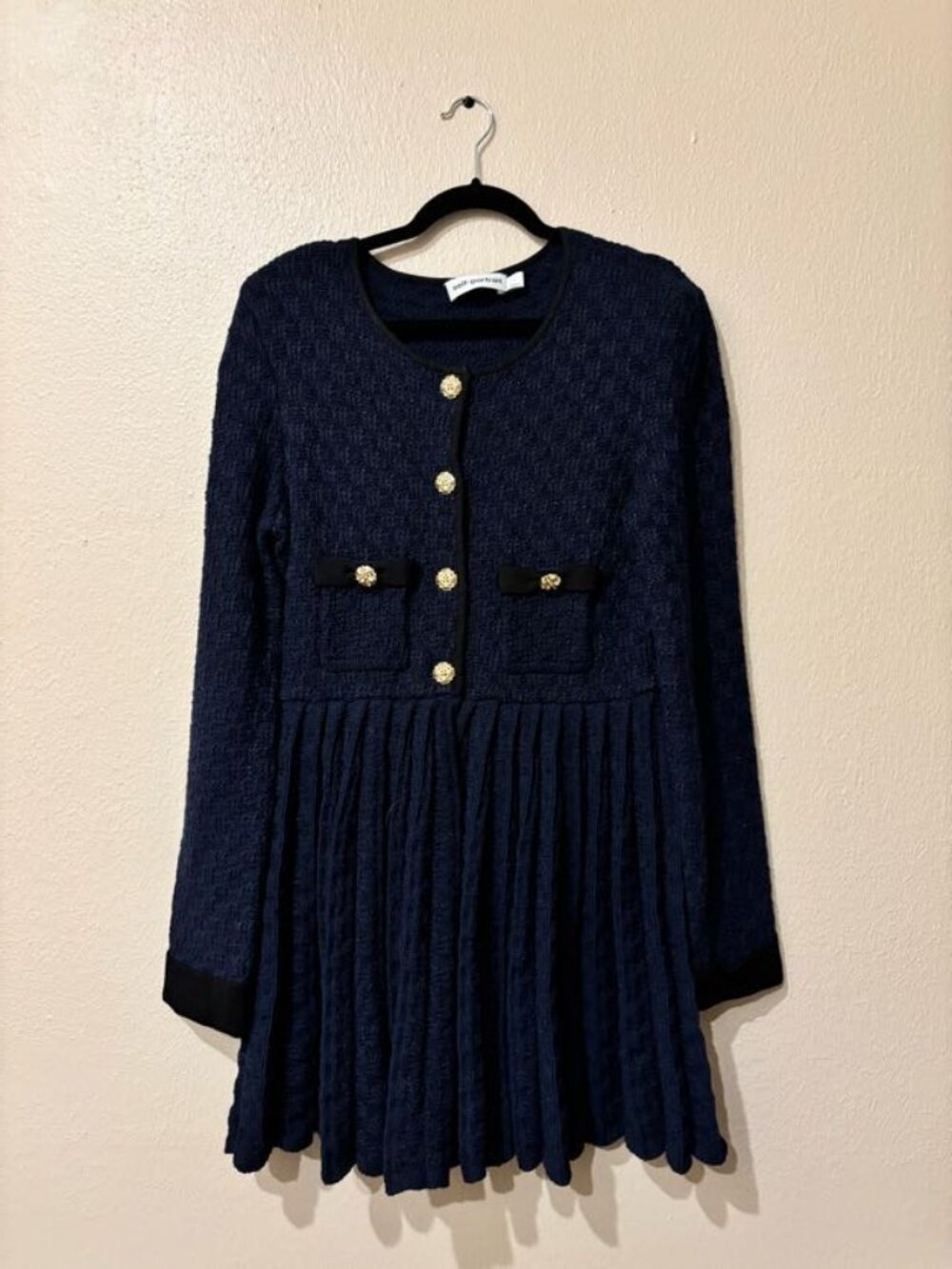 Self-Portrait Weave Knit Mini Dress with Pleated Skirt in Navy - Size L